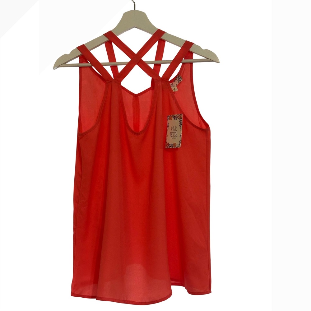 Pink‎ Rose Coral Pink Strappy Tank Top Sleeveless Flowy Sheer Layered Large NWT